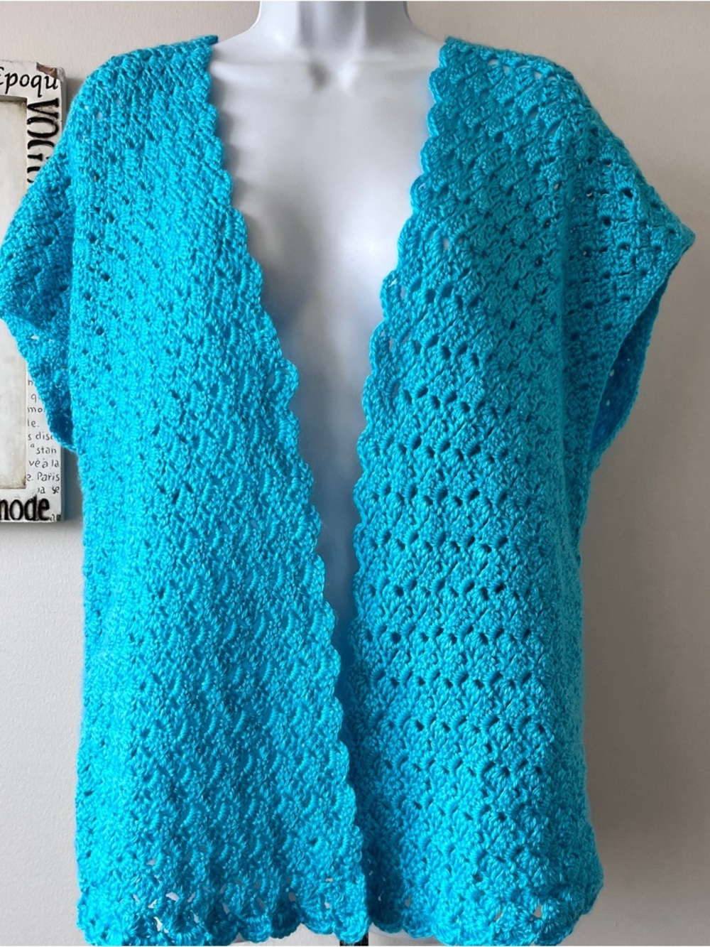 Vintage Hand Crocheted Open Front Turquoise Boho Festival Hippie Vest Size L